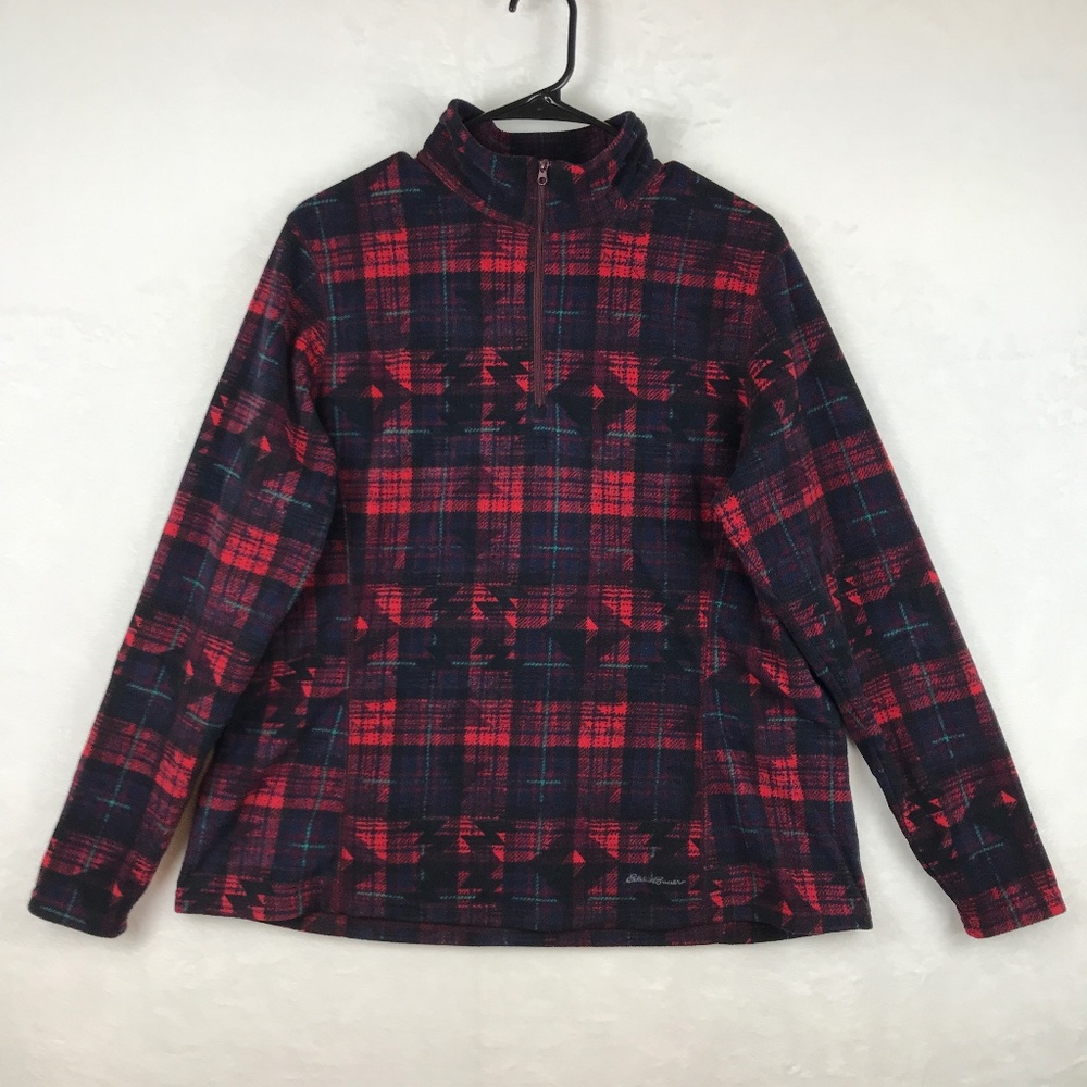 Eddie Bauer Sweater Womens Size XL Red Plaid Mock Neck Fleece Pullover 1/4 Zip
